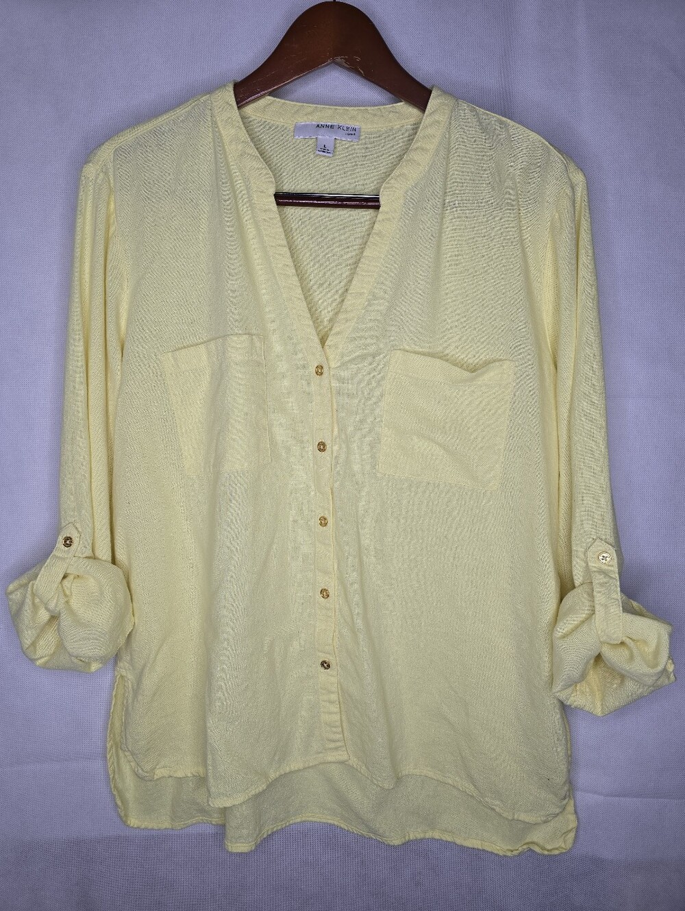 Anne Klein Linen Blend Blouse Yellow Long Roll Tab Sleeve V-neck Button Front L